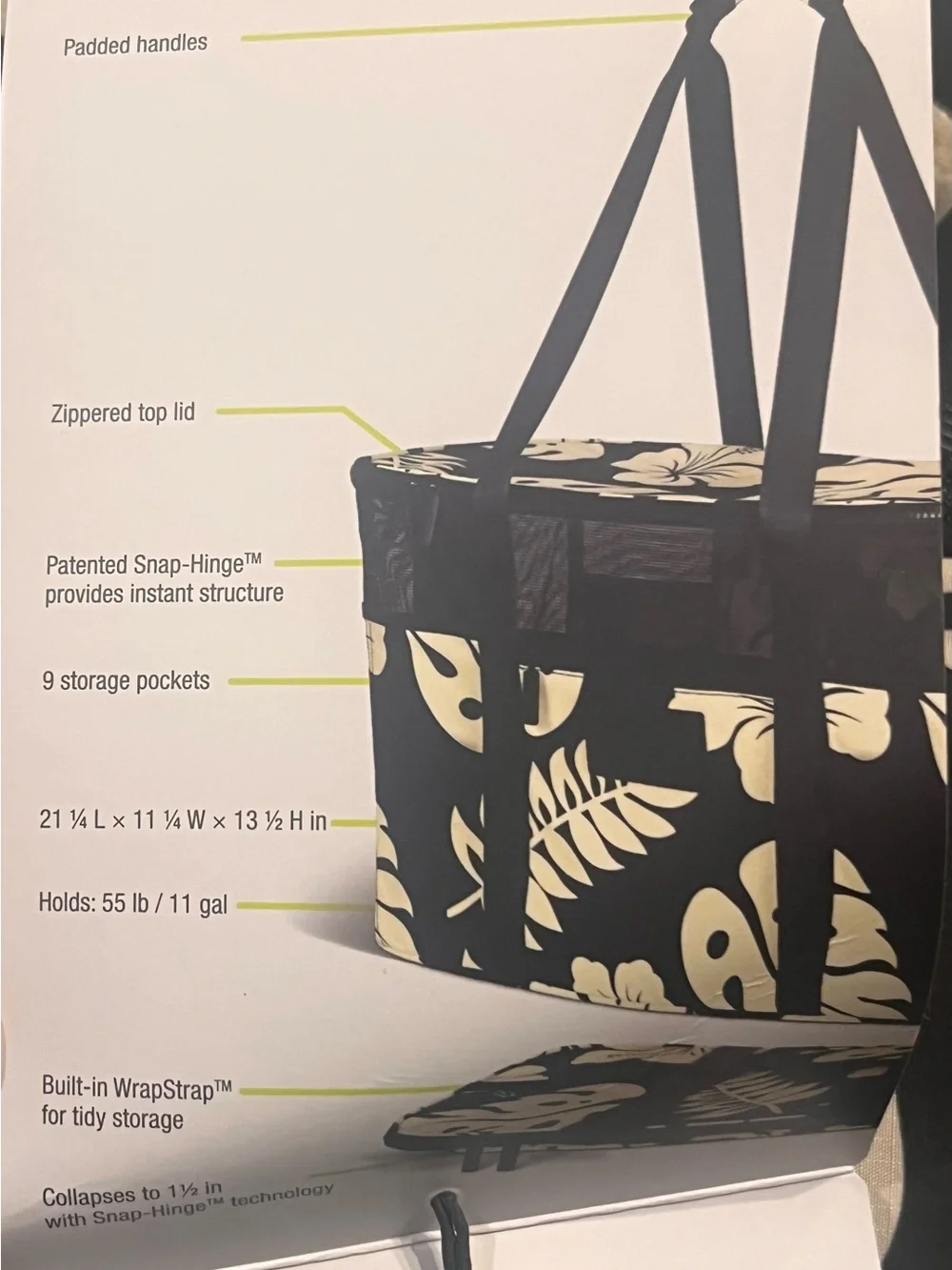 NWT Aloha Collection CleverMade Collapsible Beach Tote Bag Fold Flat Mesh Black